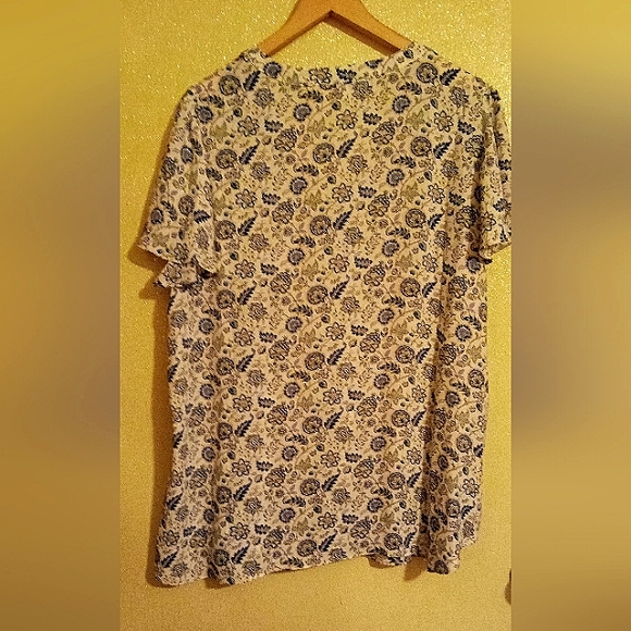 A Women's short sleeve blouse by Rose & Olive blue and cream in color. - Picture 2 of 4